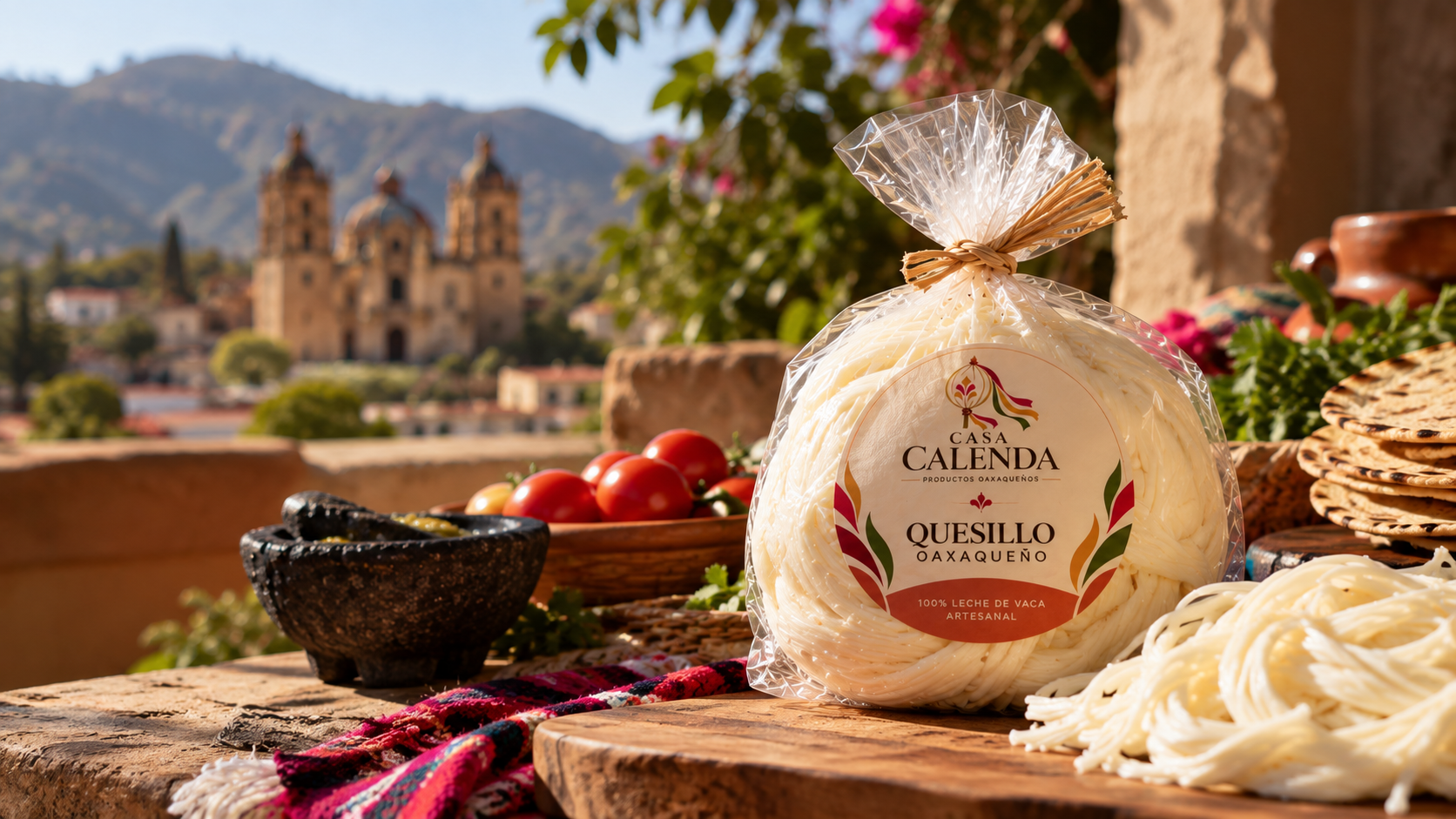 Quesillo oaxaqueño Casa Calenda con Oaxaca de fondo